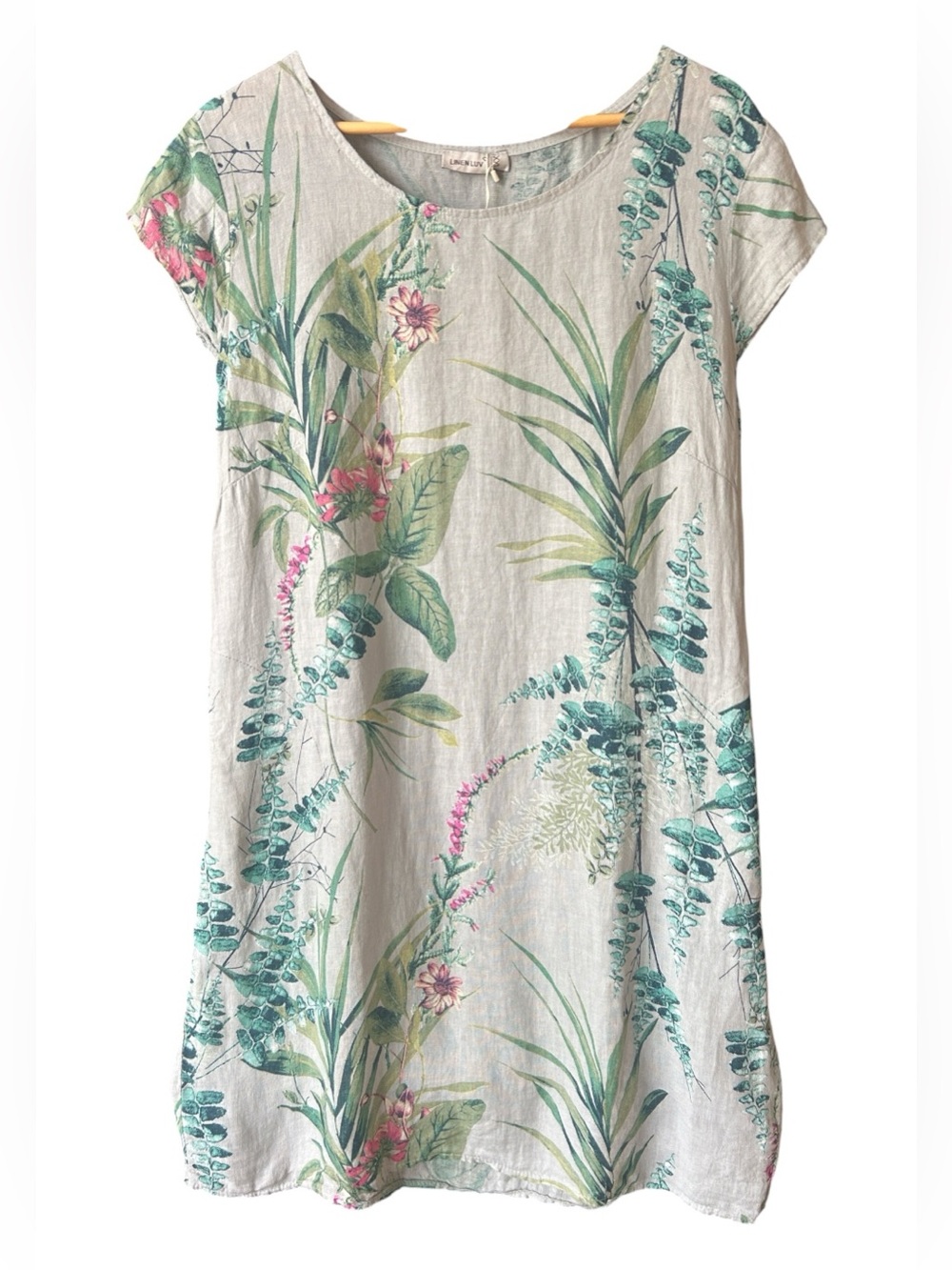 Linen Luv Grigio Chiaro Botanical Print French Linen Dress NWT